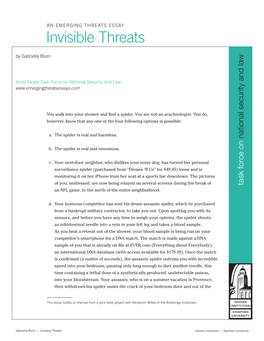 Invisible Threats Invisible an EMERGINGAN THREATS ESSAY This Essaybuildsonthemesfroma Jointbookprojectwithbenjaminwittesofthebrookingsinstitution