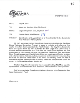 Yvonne Garrett, City Manager Vtl SUBJECT: Consideration and Appointment of a Councilmember to the Sweetwater River Watershed Advisory Panel