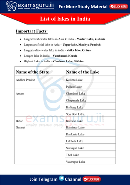 List of Lakes in India