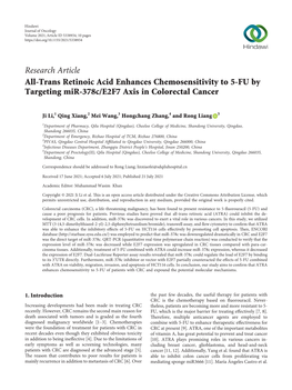 Research Article All-Trans Retinoic Acid Enhances Chemosensitivity to 5-FU by Targeting Mir-378C/E2F7 Axis in Colorectal Cancer