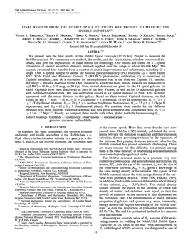 Final Results from the Hubbl E Space T El Escope Key Project to Measure the Hubble Constant1 Wendy L