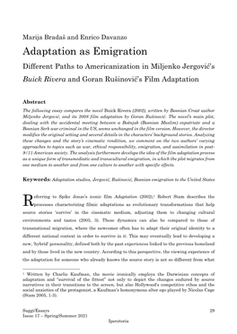 Adaptation As Emigration Different Paths to Americanization in Miljenko Jergović’S Buick Rivera and Goran Rušinović’S Film Adaptation