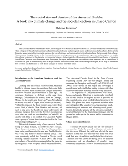 The Social Rise and Demise of the Ancestral Pueblo: a Look Into Climate Change and the Societal Reaction in Chaco Canyon