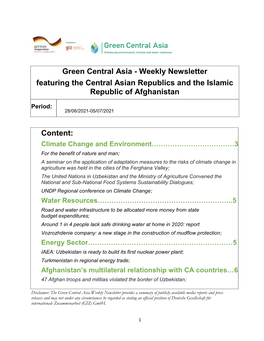 Weekly Newsletter Featuring the Central Asian Republics and the Islamic Republic of Afghanistan