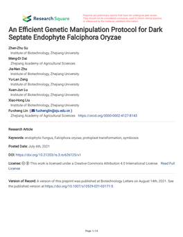 An E Cient Genetic Manipulation Protocol for Dark Septate