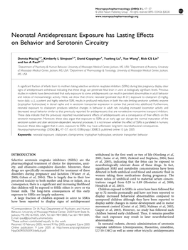 Neonatal Antidepressant Exposure Has Lasting Effects on Behavior and Serotonin Circuitry