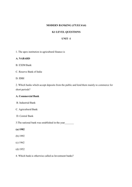 Modern Banking (17Uec4a4) K1 Level Questions Unit