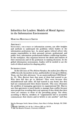 Infoethics for Leaders: Models of Moral Agency in the Information Environment