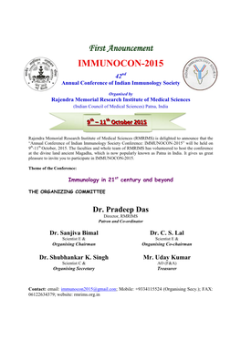 First Anouncement IMMUNOCON-2015 42Nd Annual Conference of Indian Immunology Society