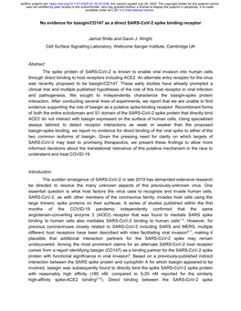 No Evidence for Basigin/CD147 As a Direct SARS-Cov-2 Spike Binding Receptor