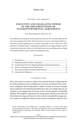 Executive and Legislative Power in the Implementation of Intergovernmental Agreements