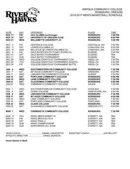 Umpqua Community College Roseburg, Oregon 2016-2017 Men's Basketball Schedule