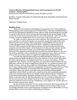 Crisis in Belarus: Distinguishing Cause and Consequence in World Context—Transcription Hosted by the International Manifesto Group, December 13 2020