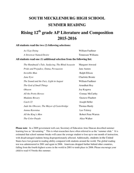 Rising 12 Grade AP Literature and Composition 2015-2016