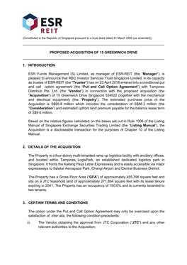 PROPOSED ACQUISITION of 15 GREENWICH DRIVE 1. INTRODUCTION ESR Funds Management