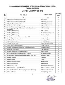 LIST of LIBRARY BOOKS Quantity Sl