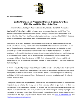 Curtis Granderson Presented Players Choice Award As 2009 Marvin Miller Man of the Year