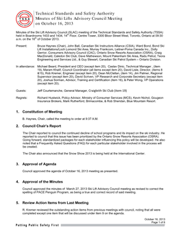 Technical Standards and Safety Authority Minutes of Ski Lifts Advisory Council Meeting on October 16, 2013