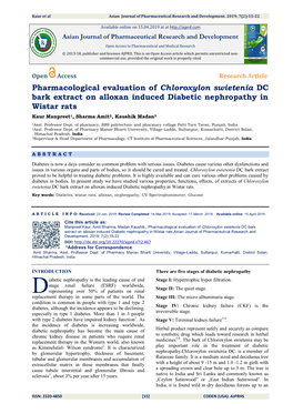 Pharmacological Evaluation of Chloroxylon Swietenia DC Bark Extract on Alloxan Induced Diabetic Nephropathy in Wistar Rats