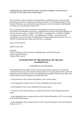 CONSTITUTION of the REPUBLIC of CROATIA (Consolidated Text)