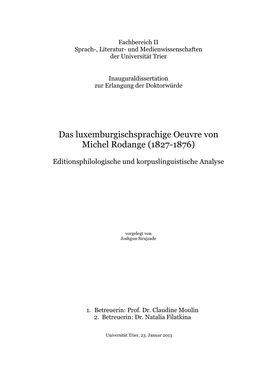 Das Luxemburgischsprachige Oeuvre Von Michel Rodange (1827-1876)