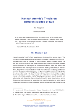 Hannah Arendt's Thesis on Different Modes of Evil