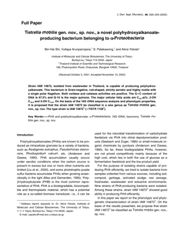 Tistrella Mobilis Gen. Nov., Sp. Nov., a Novel Polyhydroxyalkanoate-Producing Bacterium Belonging to Α-Proteobacteria