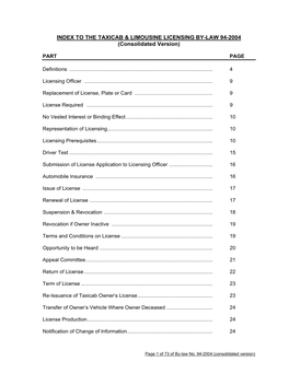 INDEX to the TAXICAB & LIMOUSINE LICENSING BY-LAW 94-2004 (Consolidated Version)