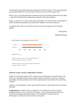 I Am Pleased to Inform That Scopus Has Released New Citescore Metrics