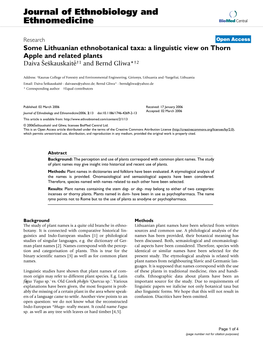 Some Lithuanian Ethnobotanical Taxa: a Linguistic View on Thorn Apple and Related Plants Daiva Šeškauskaitė†1 and Bernd Gliwa*†2