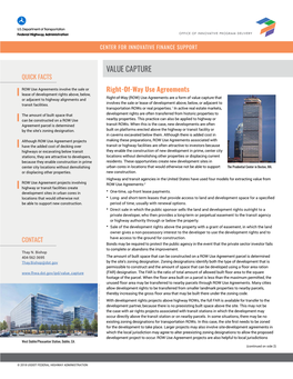 Right-Of-Way (ROW) Use Agreements Are a Form of Value Capture That Or Adjacent to Highway Alignments and Transit Facilities