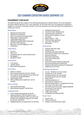 2021 Chamonix Expedition Course Equipment List