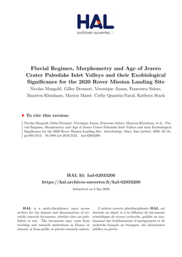 Fluvial Regimes, Morphometry and Age of Jezero Crater Paleolake Inlet Valleys and Their Exobiological Significance for the 2020