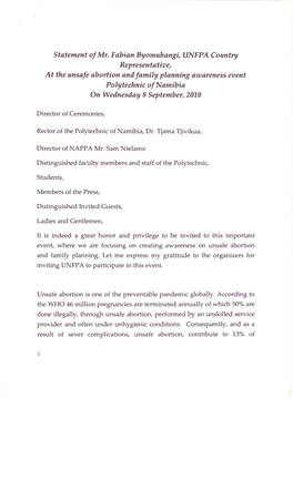 Statement of Mr. Fabian Byomuhangi, UNFPA Country Representative, At