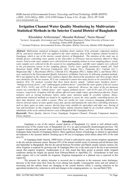 Irrigation Channel Water Quality Monitoring by Multivariate Statistical Methods in the Interior Coastal District of Bangladesh