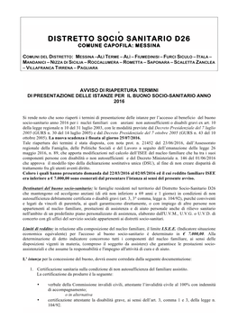 Distretto Socio Sanitario D26 Comune Capofila: Messina