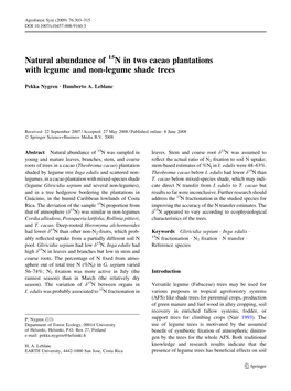 Natural Abundance of N in Two Cacao Plantations with Legume and Non-Legume Shade Trees