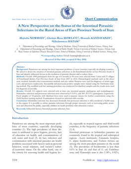 A New Perspective on the Status of the Intestinal Parasitic Infections in the Rural Areas of Fars Province South of Iran