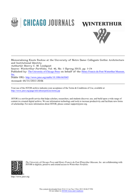 Memorializing Knute Rockne at the University of Notre Dame: Collegiate Gothic Architecture and Institutional Identity Author(S): Sherry C