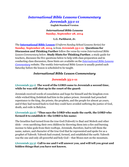 International Bible Lessons Commentary Jeremiah 33:1-11 English Standard Version International Bible Lessons Sunday, September 28, 2014