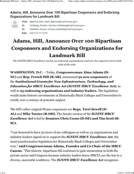Roundcube Webmail :: Adams, Hill, Announce Over 100 Bipartisan Cosponsors and Endorsing Organizations for Landmark Bill