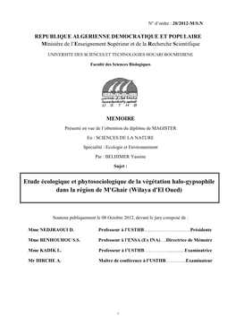 Etude Écologique Et Phytosociologique De La Végétation Halo-Gypsophile Dans La Région De M'ghair (Wilaya D'el Oued)