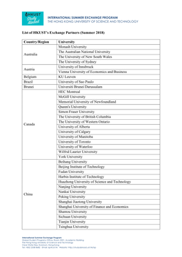 List of HKUST's Exchange Partners (Summer 2018) Country/Region University Australia Monash University the Australian National