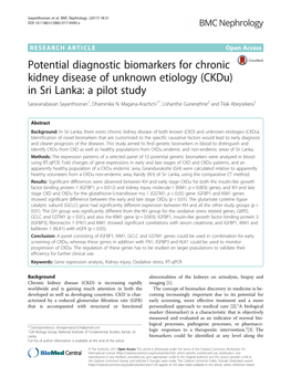 Potential Diagnostic Biomarkers for Chronic Kidney Disease of Unknown Etiology (Ckdu) in Sri Lanka: a Pilot Study Saravanabavan Sayanthooran1, Dhammika N