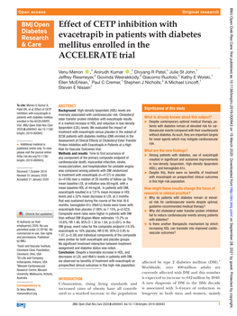 Effect of CETP Inhibition with Evacetrapib in Patients with Diabetes Mellitus Enrolled in the ACCELERATE Trial