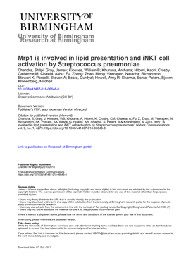 Mrp1 Is Involved in Lipid Presentation and Inkt Cell