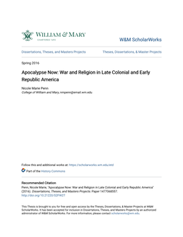 Apocalypse Now: War and Religion in Late Colonial and Early Republic America