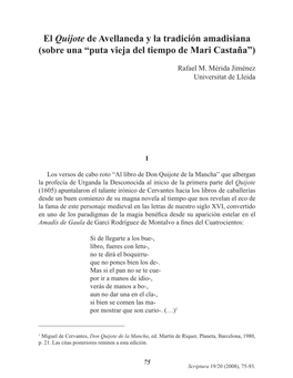 El Quijote De Avellaneda Y La Tradición Amadisiana (Sobre Una “Puta Vieja Del Tiempo De Mari Castaña”)