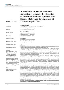 A Study on Impact of Television Advertising Towards the Selection of Branded Women's Apparel with Special Reference