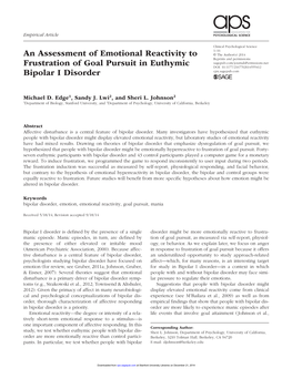 An Assessment of Emotional Reactivity to Frustration of Goal Pursuit in Euthymic Bipolar I Disorder